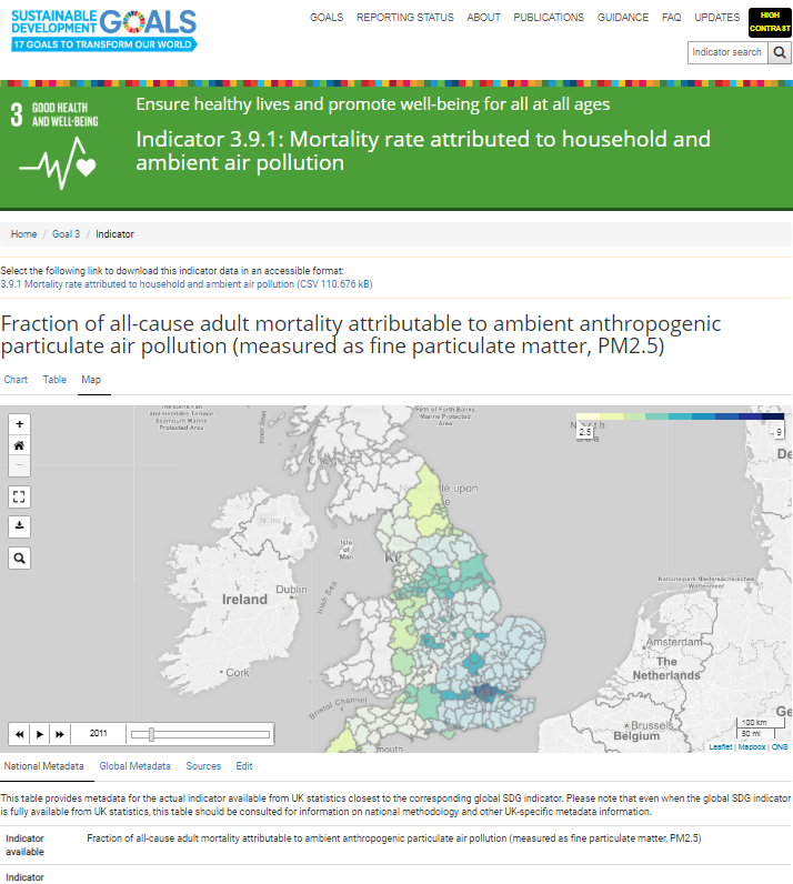 An image of the Sustainable Development Goals UK reporting platform, showing a map and line graph of data from indicator 3.9.1.