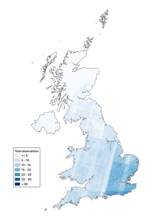 A map of the UK showing analysis of the total observations from 2004 to 2008. It shows that data availability diminishes as latitude increases, likely because of cloud cover.