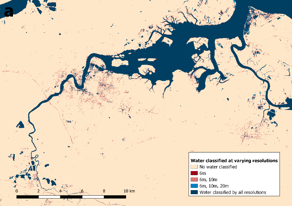 A map of the River Medway in Kent showing an overlay of water features. A full description is provided at the start of section 8, Annex 2, Pixel resolution.
