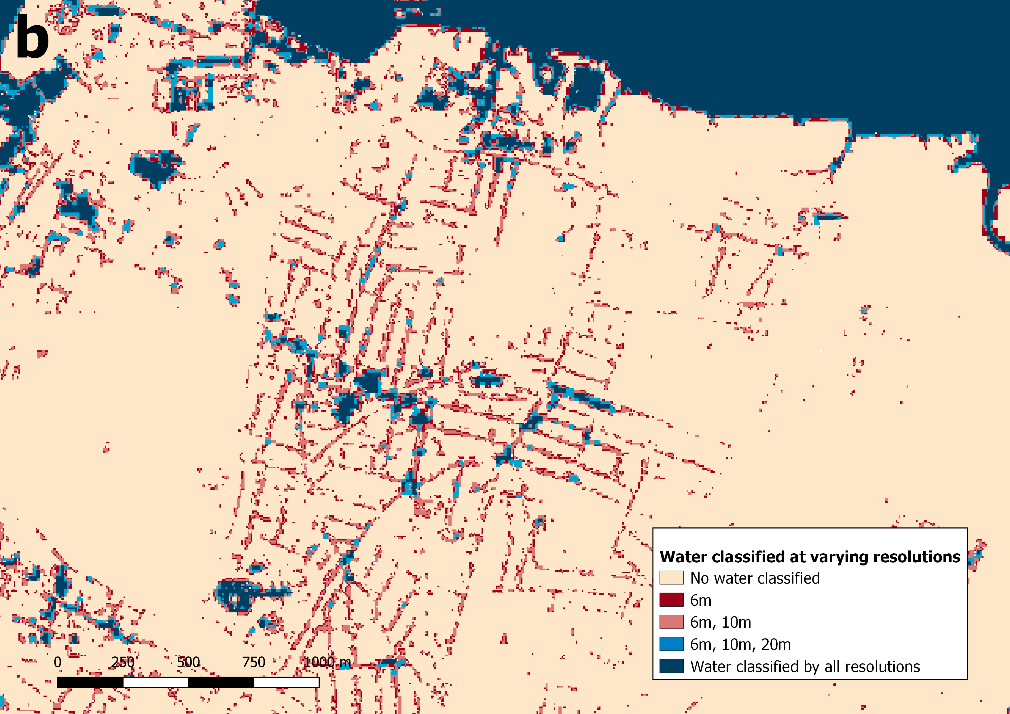 A map showing a part of the river Medway in Kent, where the lower pixel quality affects the ability to detect smaller water features. A full description is provided at the start of section 8, Annex 2, Pixel resolution.
