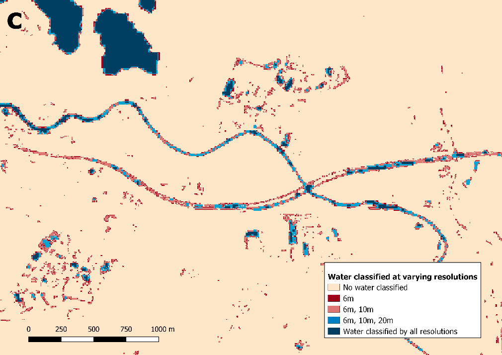 A map showing a part of the river Medway in Kent, further up course, where the lower pixel quality affects the ability to detect smaller water features. A full description is provided at the start of section 8, Annex 2, Pixel resolution.